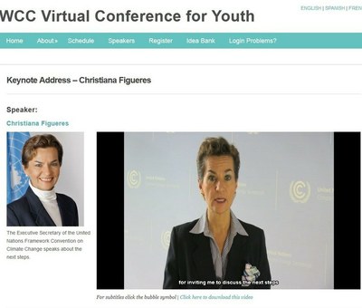 Christiana Figueres, executive secretary for the UN Framework Convention on Climate Change, addressing the WCC Virtual Conference for Youth. Youth addresses community issues in a virtual conference